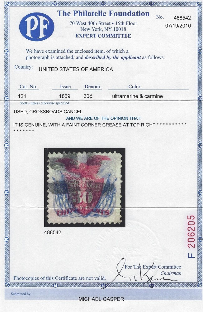 U.S. Sc.# 121 - 30c Shield, Eagle & Flags - PF Cert - XF Centering $450 (P-2)