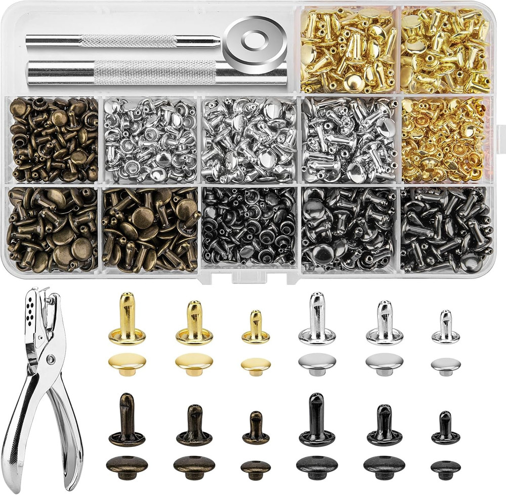 480 Sets Rivets for Leather, 4 Colors 3 Sizes Leather Rivets, Double Cap Rive...