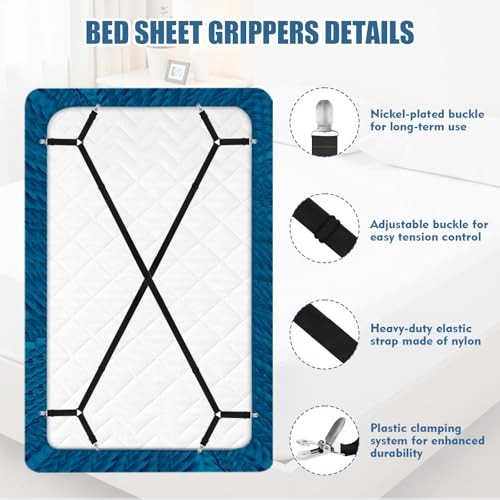 4Pcs Bed Sheet Straps with Metal Clips, Sheet Holders Adjustable Elastic, Bed