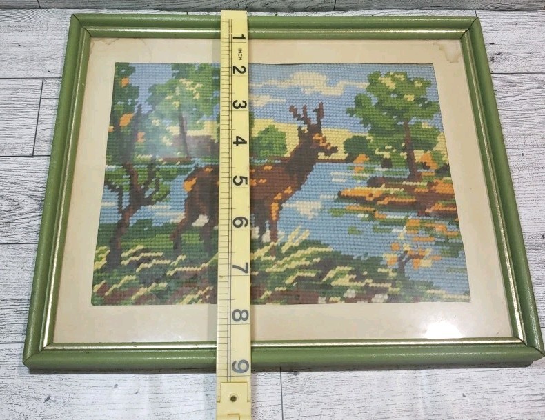 Vtg Handmade Needlepoint Deer Nature Framed