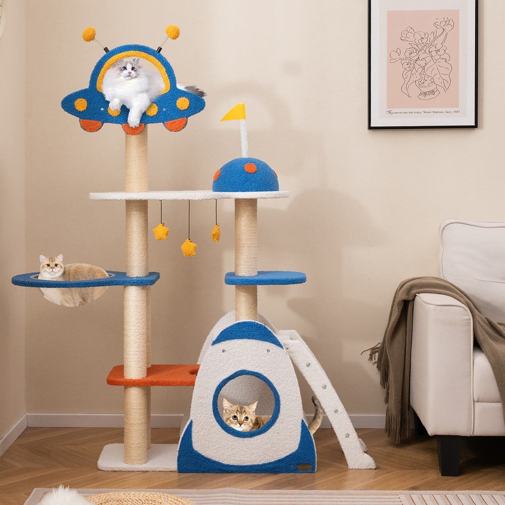 Space Theme Cat Tree w/ Sisal Covered Scratching Posts UFO-shaped Top Perch