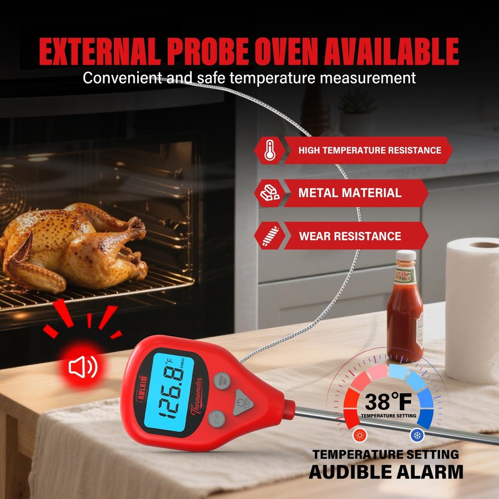 Digital Meat Thermometer set Rechargeable with External Probe Red