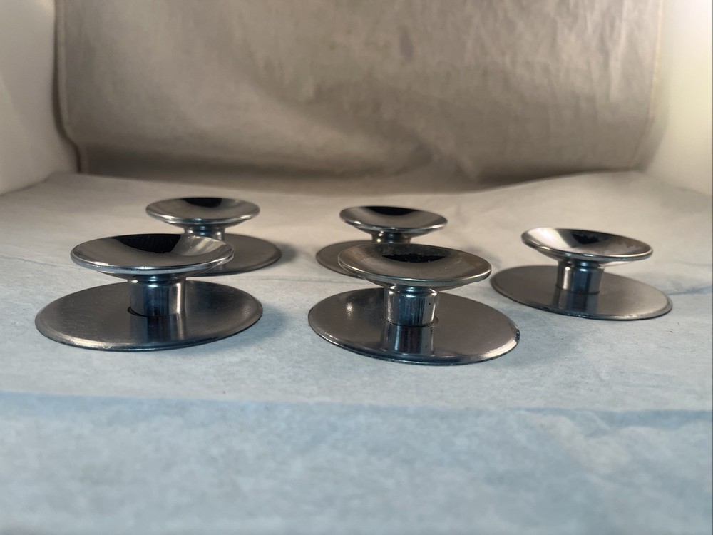 5 Vintage 1960s AJAX Shiny Chrome Beveled Concave 2" Round Knobs & Back Plates
