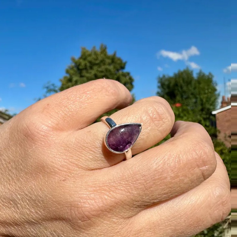 Solid 925 Sterling Silver Natural Purple Blue John Teardrop Stone Handmade Ring