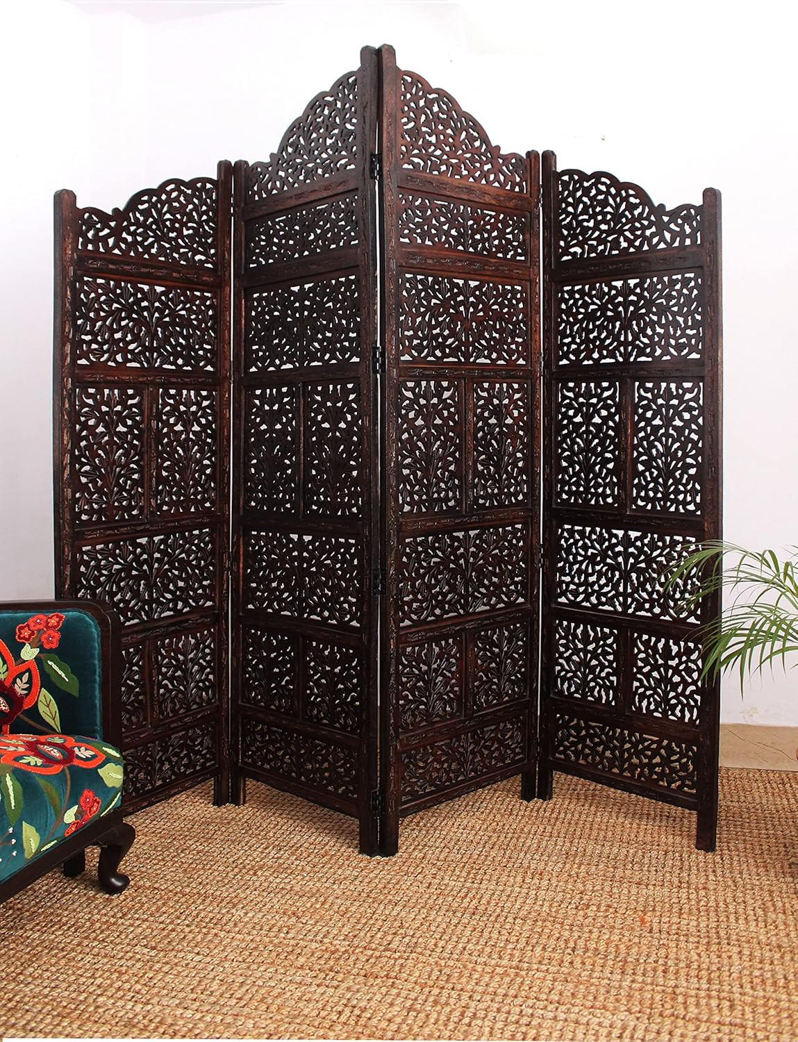 Room Divider Wood Screen - Mahanadi Antique Brown - 4 Panel Folding 72X80 - Wood