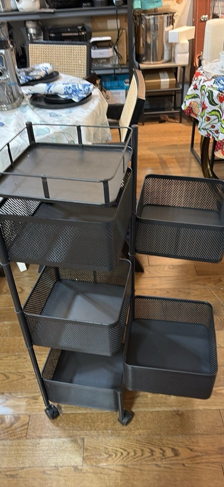 Black Metal 4-Compartment Rectangular Storage Basket Cart on Wheels