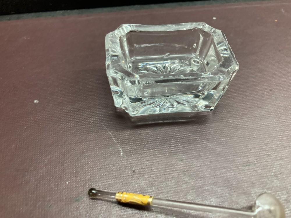 Vintage Unique Rectangular Glass Salt Cellar Open Salt with Spoon
