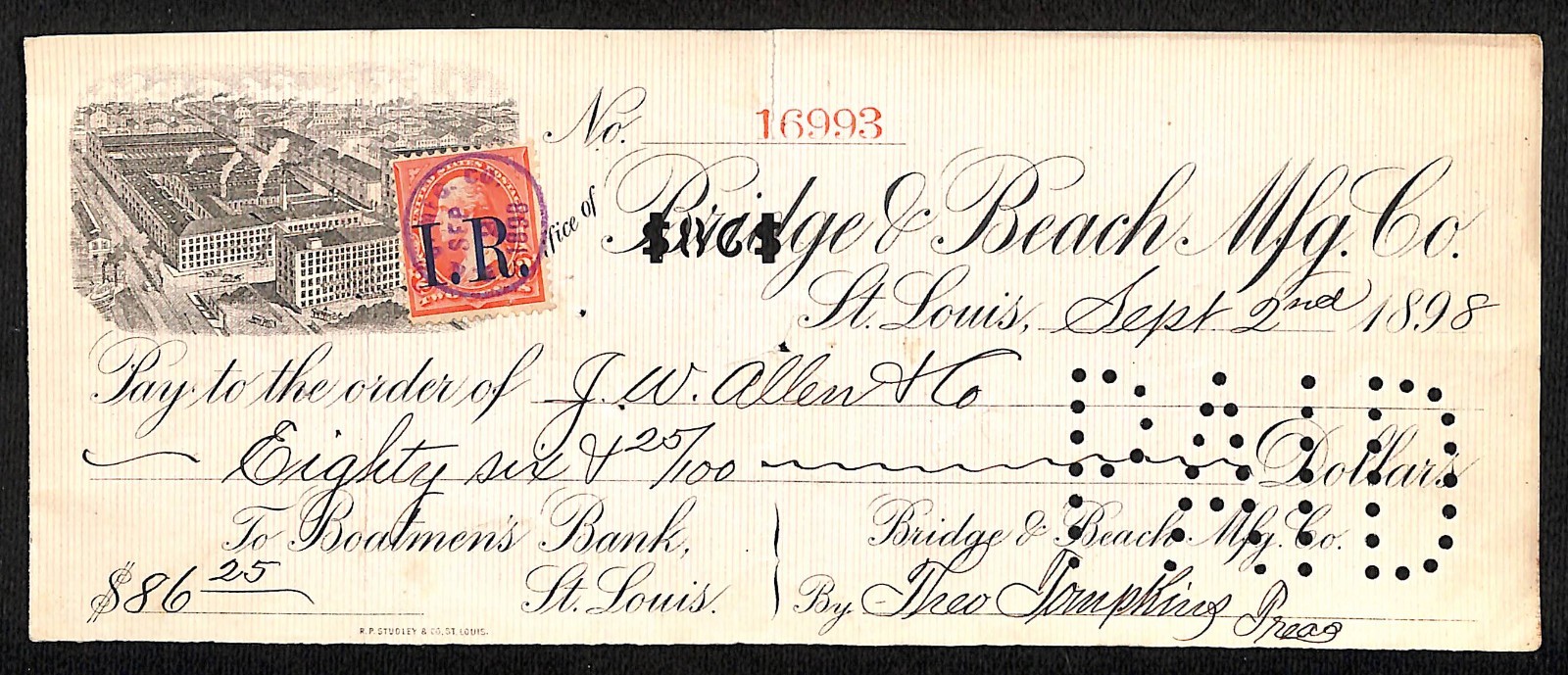 Bridge & Beach Mfg. Co. (Stoves) St. Louis / Boatmen's 1898 Bank Check Vignette