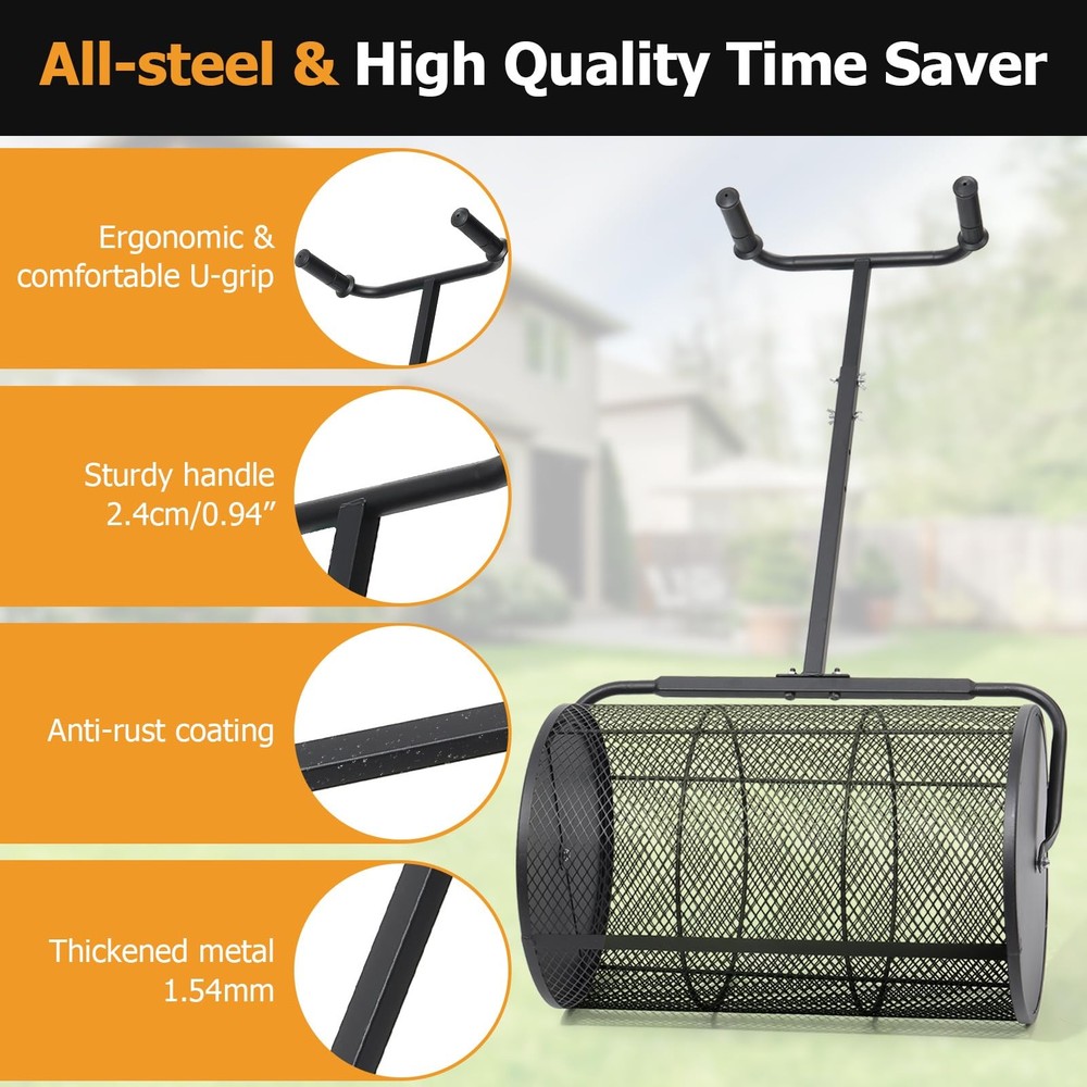 Compost Spreader 24in Peat Moss Spreader - U Shaped Comfortable Handle & Adju...