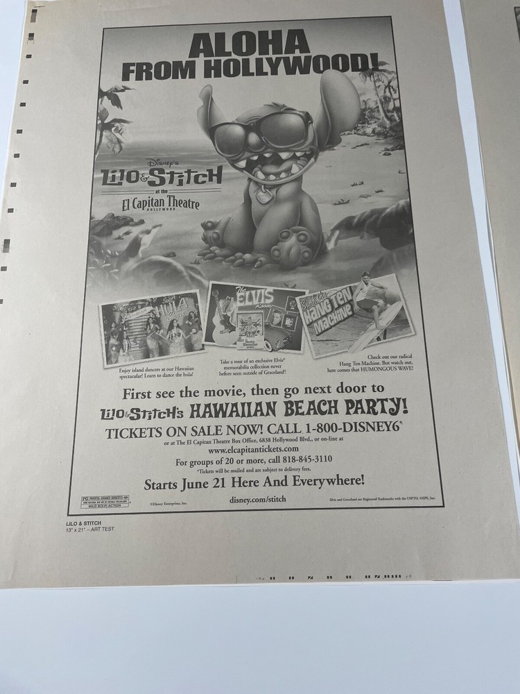 Lilo & Stitch Lot Printer Proof Tear Sheet Ad Pad Printer Proof Sheets B
