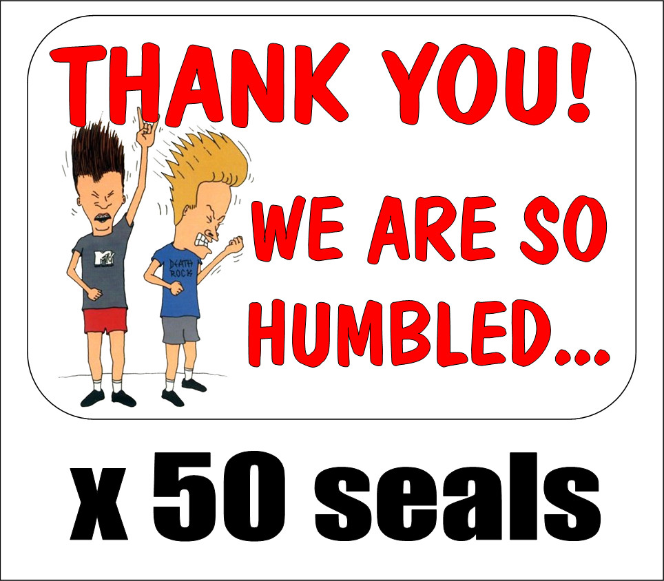 50 Beavis and Butthead Thank You Envelope Seals / Labels / Stickers, 1" x 1.5"