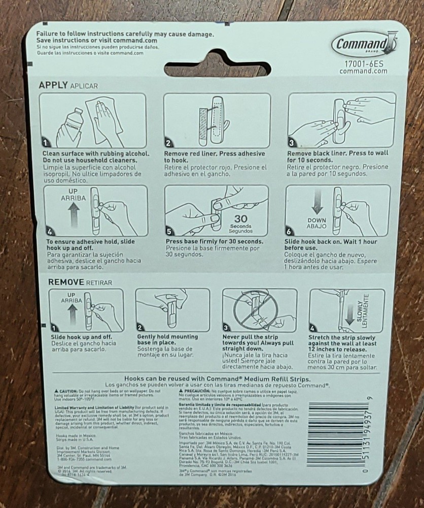 3m Command SIX PIECE MEDIUM UTILITY HOOKS Item #17001-6ES
