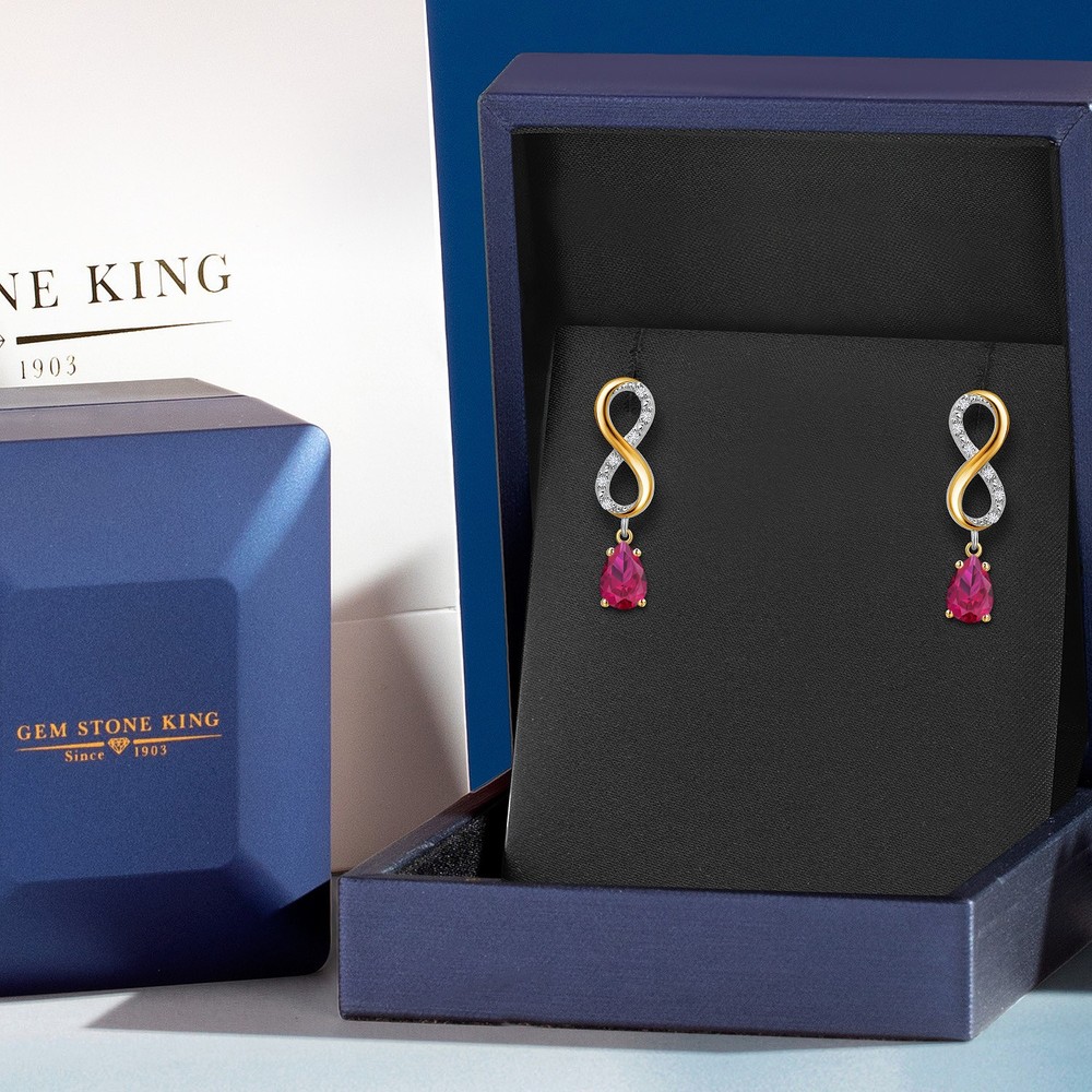 925 Silver and 10K Yellow Gold Created Ruby and Lab Grown Diamond Dangle