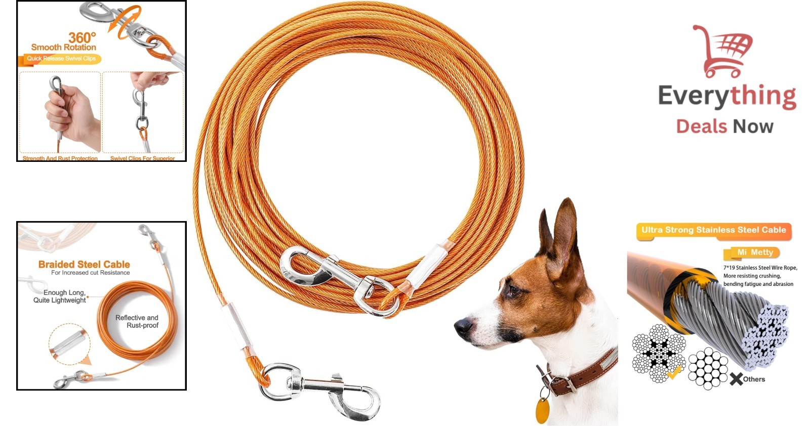 50ft Heavy Duty Dog Tie Out Cable for Large Dogs Up to 125lbs Yard Tether Line