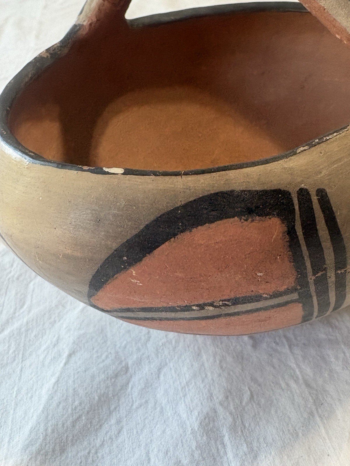 VINTAGE 1928 Santo Domingo Pueblo Pottery Handled Polychrome Basket Kewa 6"