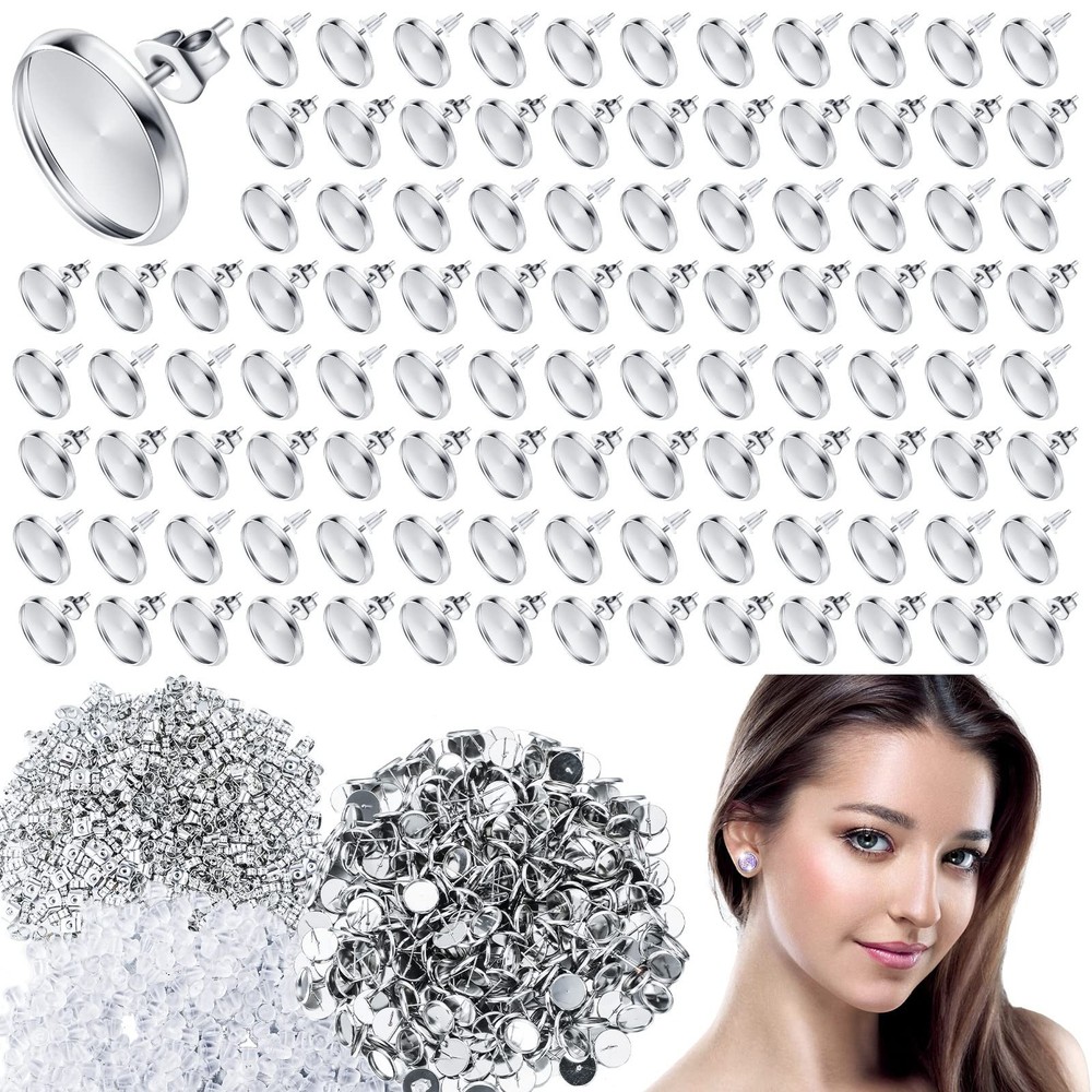 1000 Pieces Stud Earring Kit Include 300 12 mm Stud Earrings Blanks Cabochon ...
