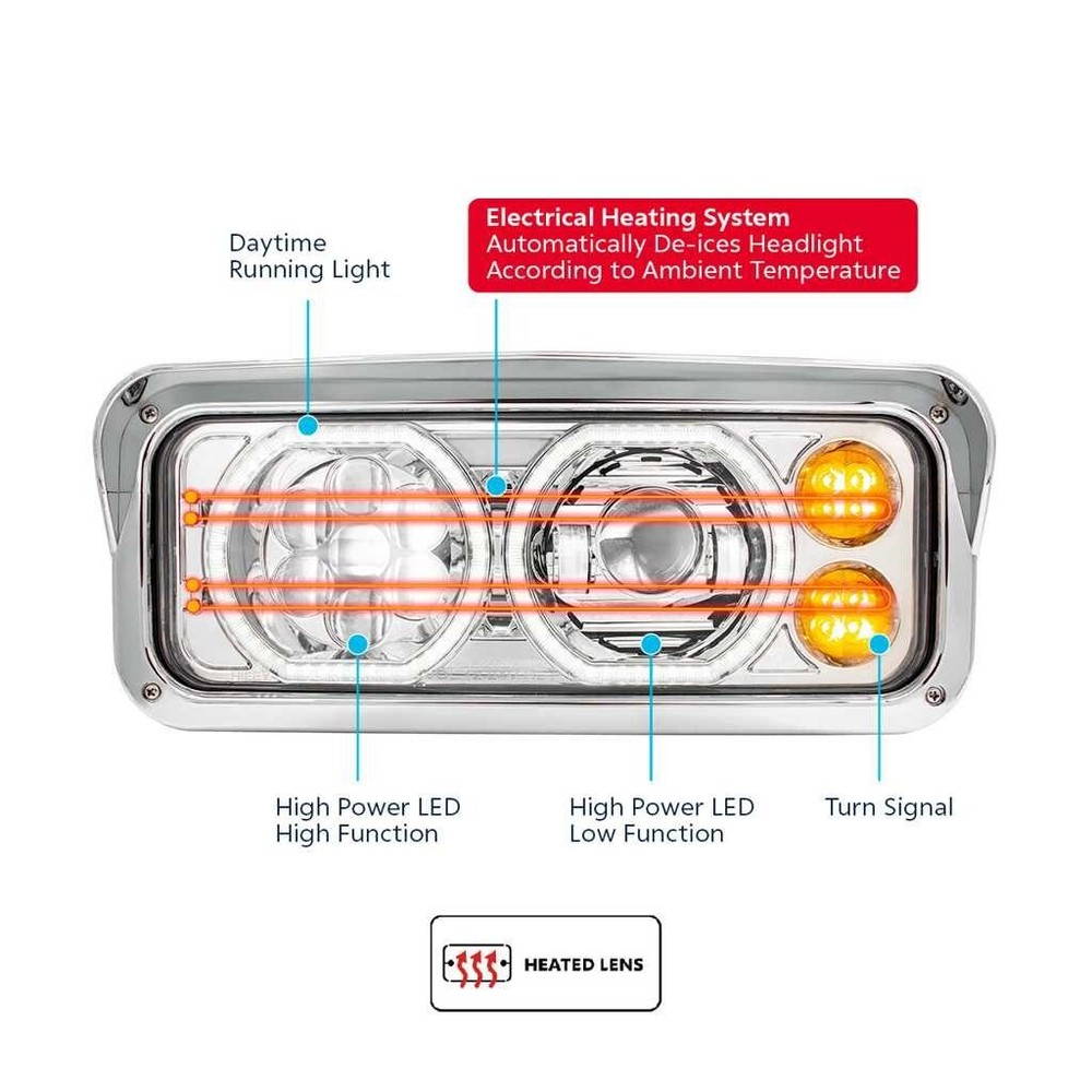 Heated 10 LED Headlight with LED Turn and DRL - Chrome - Driver