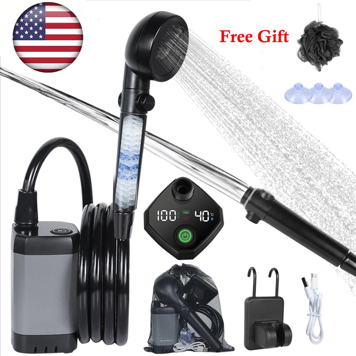 Portable Shower for Camping, 6000mAh Rechargeable Camping Shower 4 Spray Modes