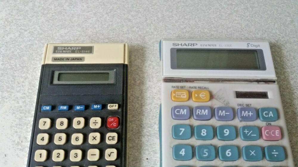 2 X VINTAGE / RETRO CALCULATORS - SHARP ELSIMATE 8146 & 330E