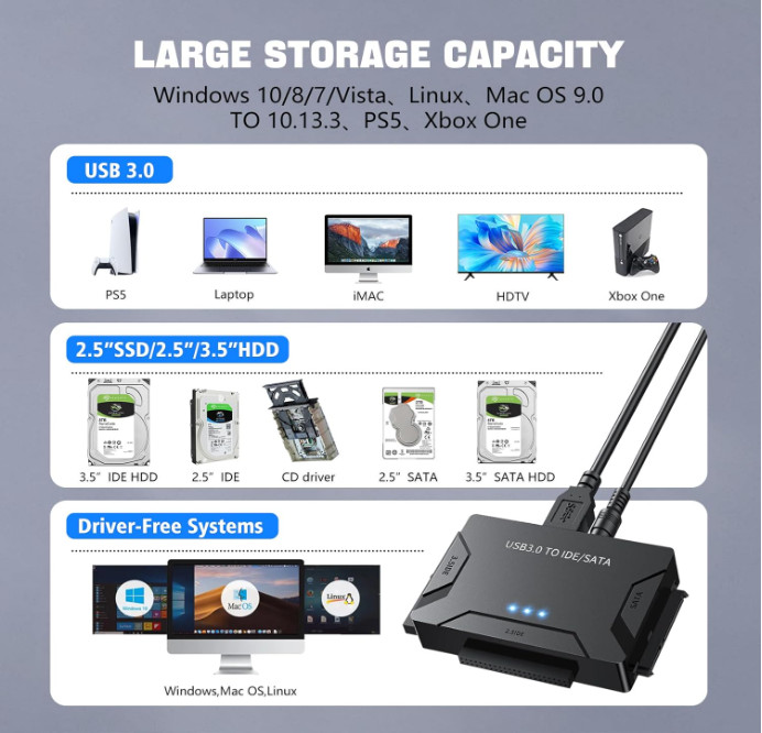 Hard Drive Reader USB 3.0 SATA IDE Adapter Universal External Data Recovery Kit