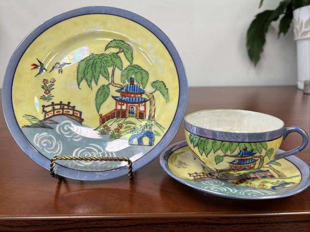 Lusterware Handpainted Porcelain Teacup &Plate Set Pagoda Bridge River