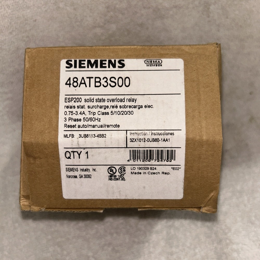 NEW SIEMENS 48ATB3S00 ESP200 solid state overload relay - 0.75-3.4AMPS