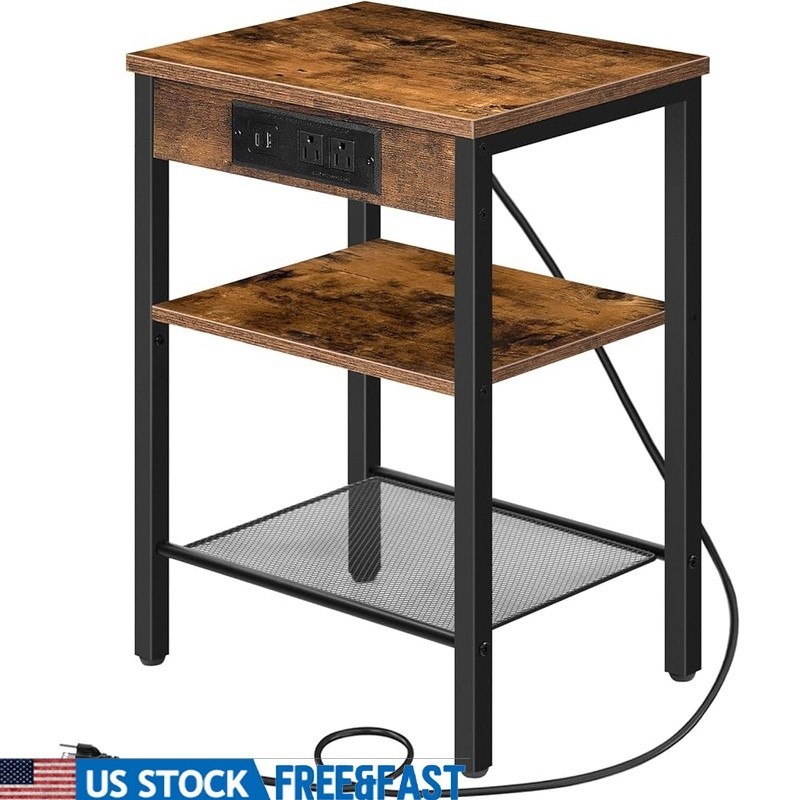 Multifunctional Side Table W/ Outlets USB Charging Adjustable Shelves Storage