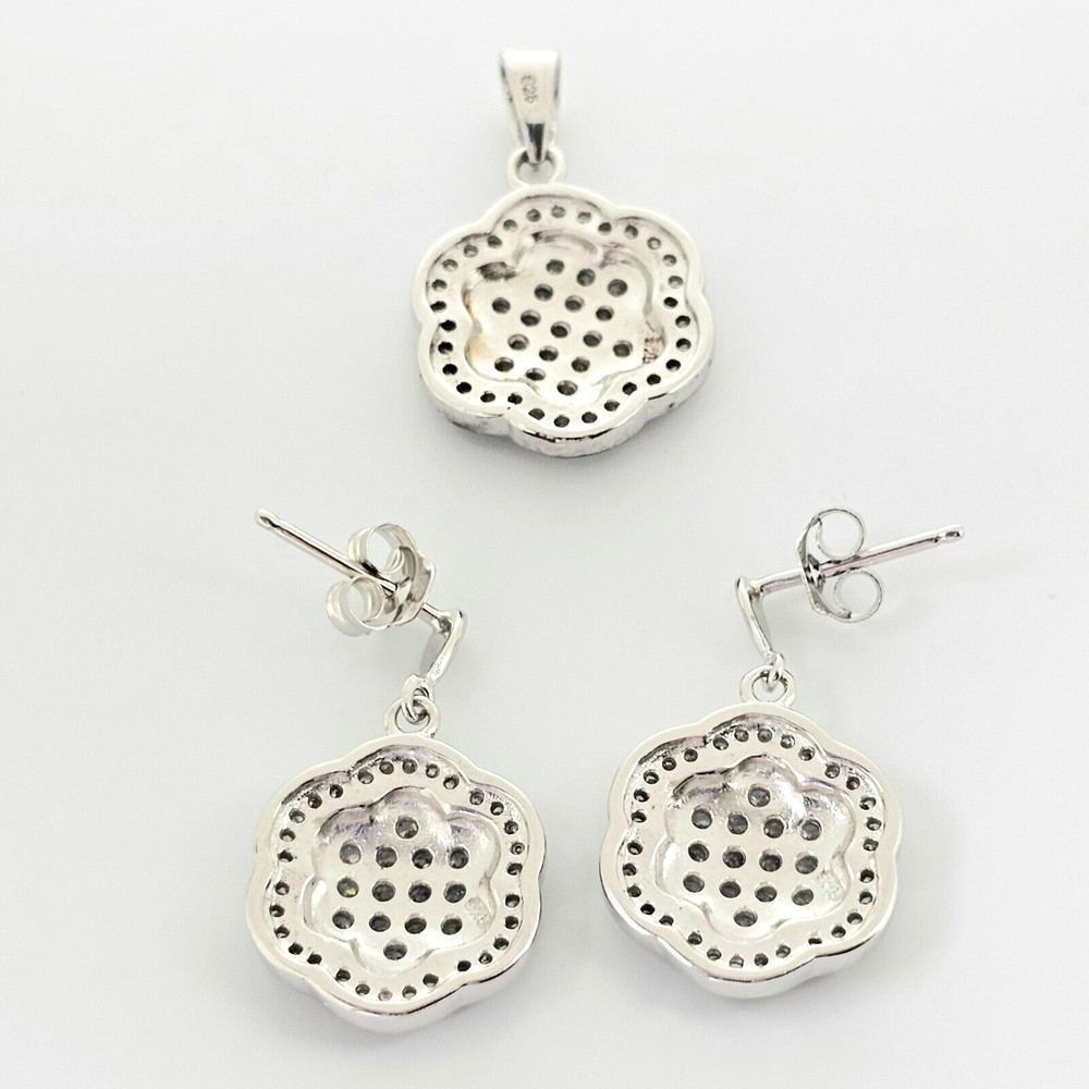 Solid 925 Sterling Silver Sparkling Earring Pendant Set, Fluted Edges- Floral