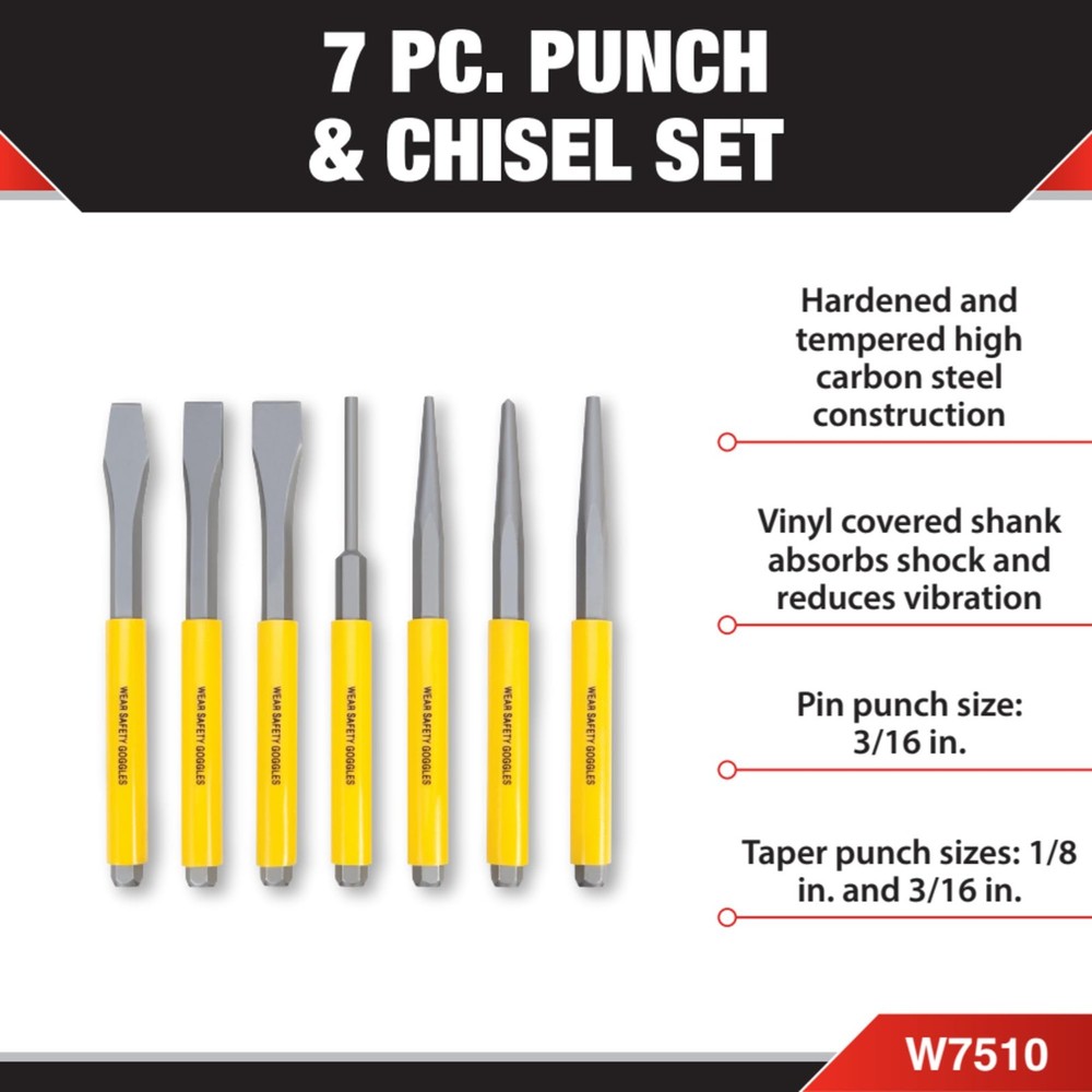 Performance Tool W7510 7pc Punch and Chisel & Set (7pc), Black