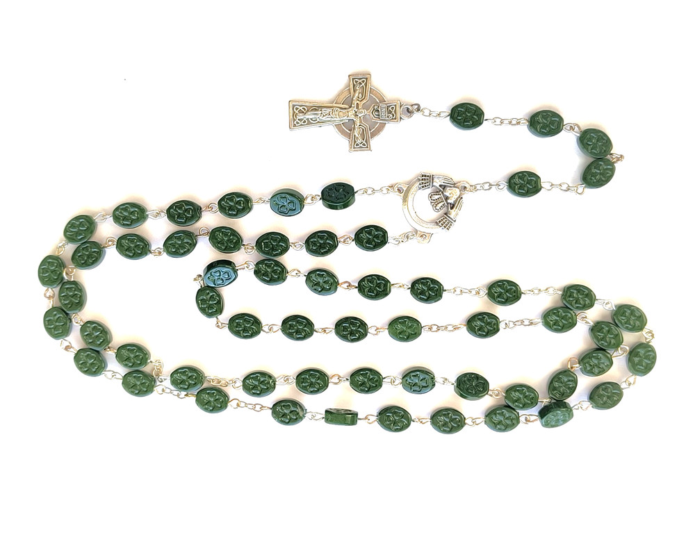 Irish Claddagh Rosary Green Shamrock Beads Celtic Crucifix Gift Boxed Catholic