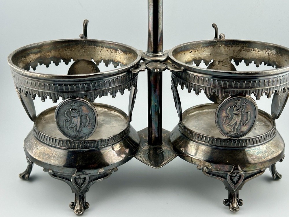 Antique Victorian Silver Plate Double Condiment Cruet EAPG Insert Pickle Fork