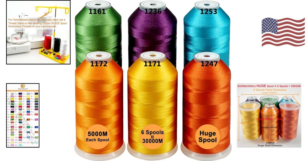 Professional Quality 5000M Polyester Thread - 6 Assorted Spools for Embroidery