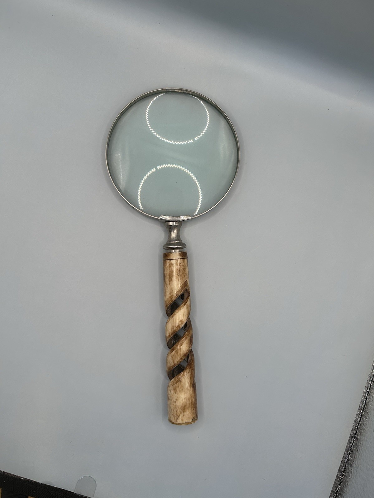 Magnifying Glass, 4" Lens, 10x Magnification Antique Finish Twisted Bone Handle