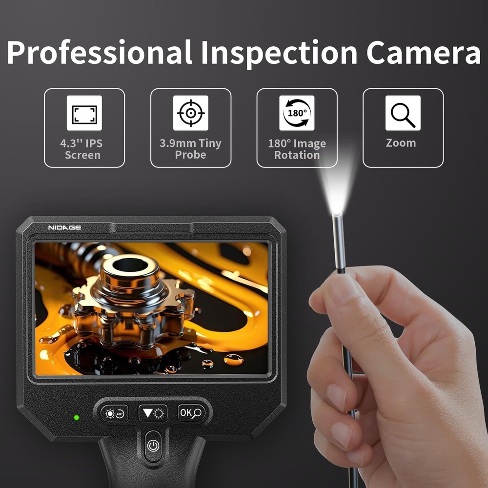 1920P HD Endoscope Camera with Light, 4.3" Screen, 5FT Cable, IP67 Waterproof