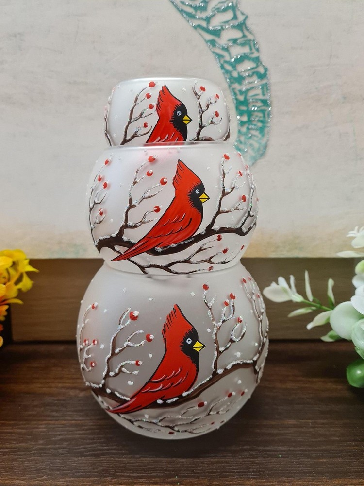Frosted Glass Small Candle Holder - Red Cardinal