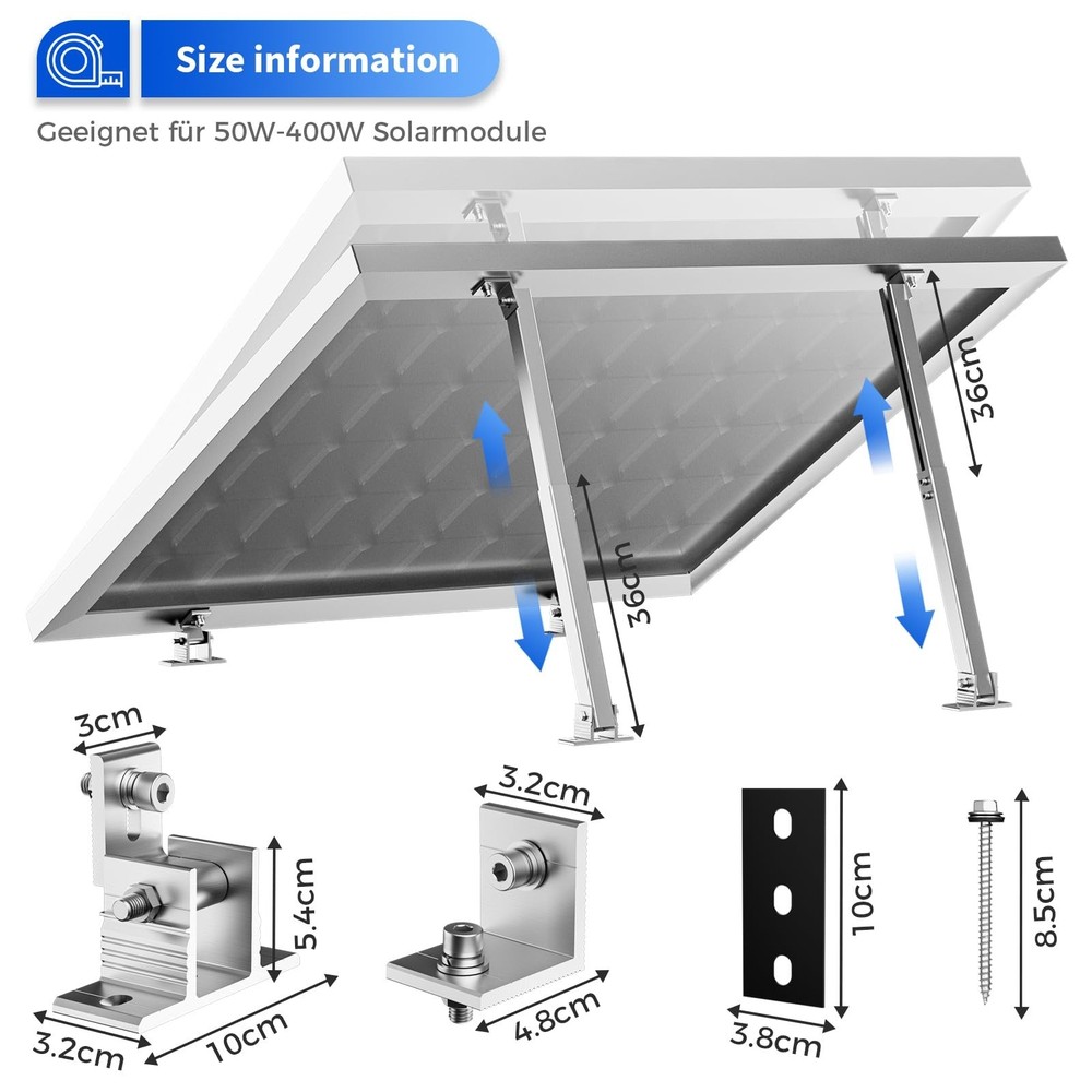 2 Set Adjustable Solar Panel Tilt Mount Brackets, Stand Systems Support 50W-400W