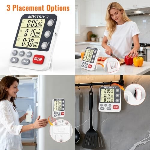"Digital Dual Kitchen Timer - 3 Channel Countdown, Large Display, Adjustable Ala