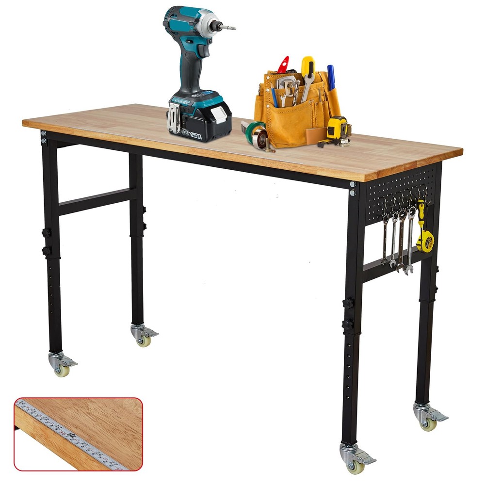 48"x24" Adjustable Workbench, Heavy Duty Work Bench Table with Pegboard & Wheels