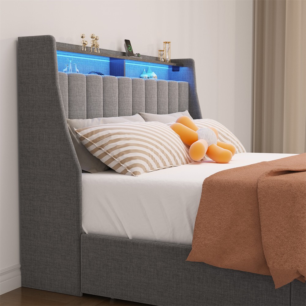 Queen Size Bed Frame Upholstered Platform Bed w/ LED Light Headboard & 4 Drawer