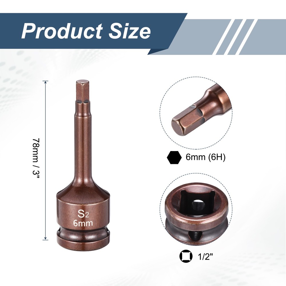 1/2" Drive Impact Hex Bit Socket 6mm S2 Steel 3" Length Hexagonal Socket