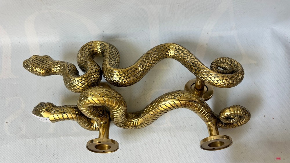 2 Heavy Solid Brass Rattlesnake Door Handles 14” (36cm) Rustic Antique Pull Grab