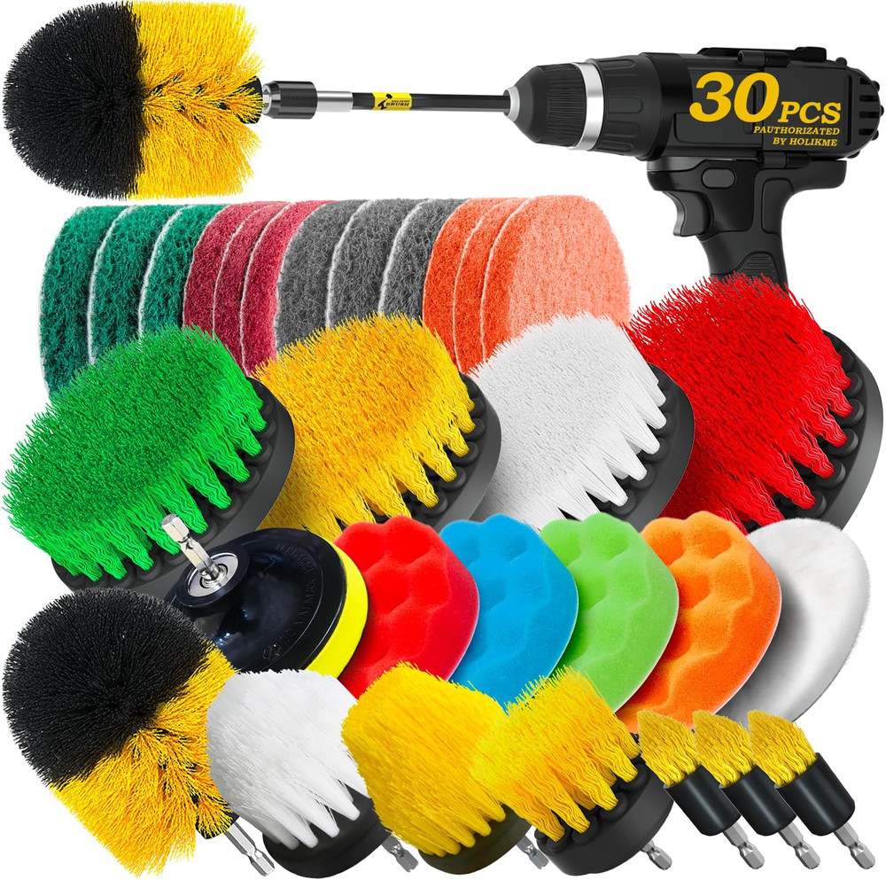 30Pack Drill Brush Attachments Set, Scrubber Pads & Sponge, with long Attachment