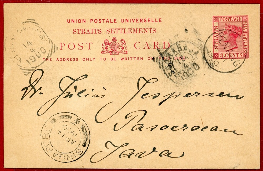 Straits Settlements 1900, 3c QV Postal Card, Penang to Java