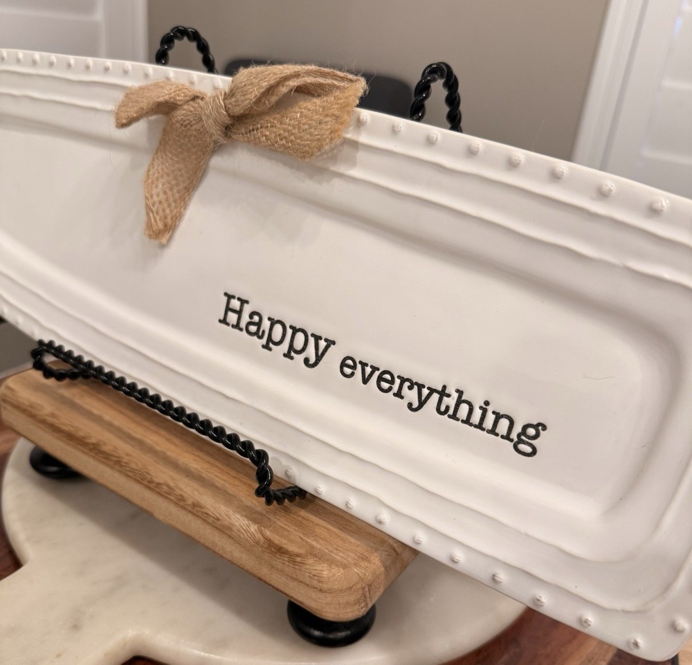 Mud Pie Ceramic Rectangle Platter White Glossy 'Happy Everything' Tray