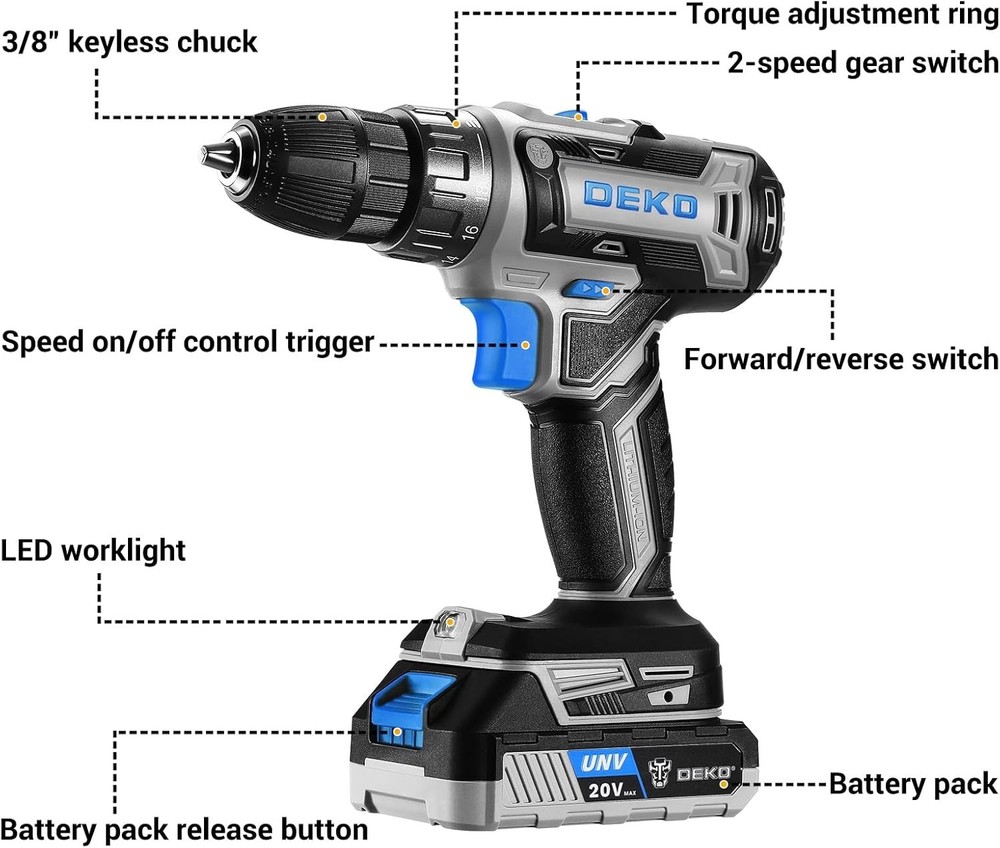 Versatile 20V Cordless Power Drill with Bits - Compact Design for Easy Use