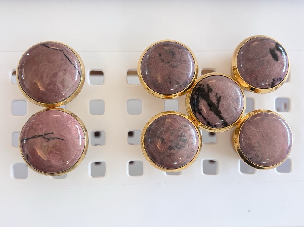 Pink Stone Brass Cabinet Knobs Rhodonite Style Drawer Pulls Vintage NOS