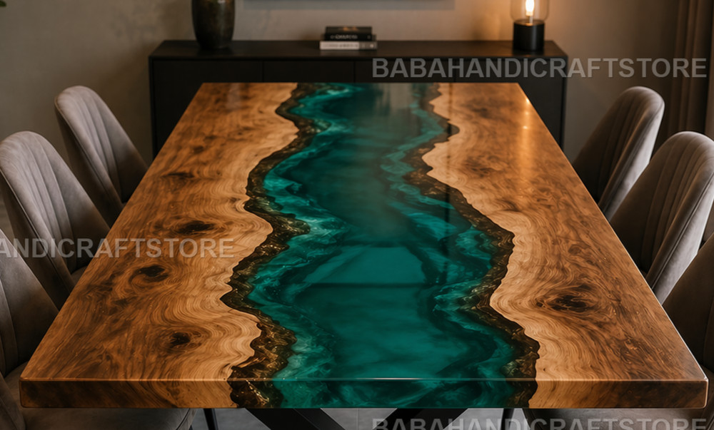 Live Edge Teal Resin Table Custom Epoxy River Dining Table Top Solid Wood Table