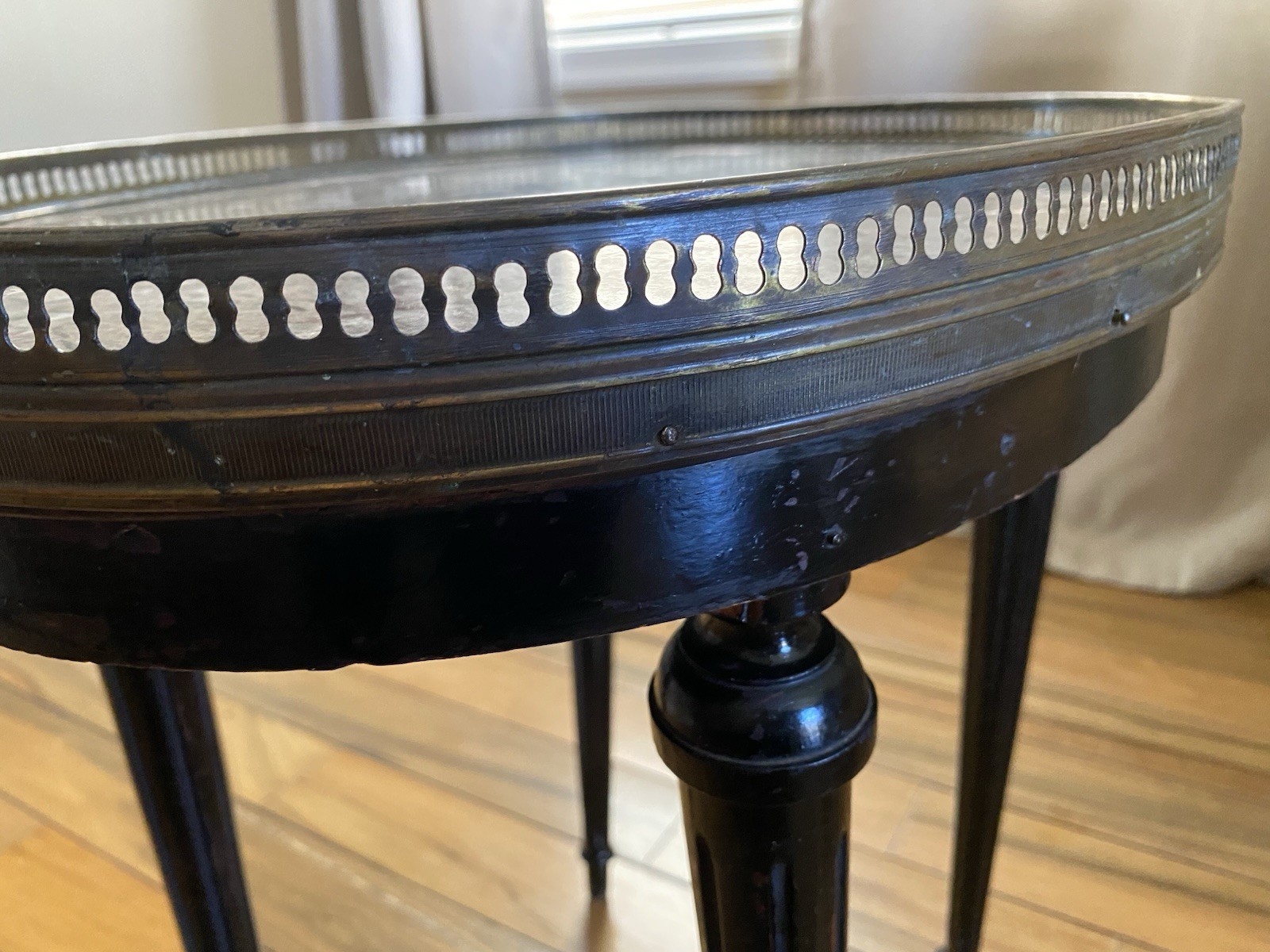 FRENCH Louis XVI Style Small Bouillotte Marble Top And Brass Edge Side Table