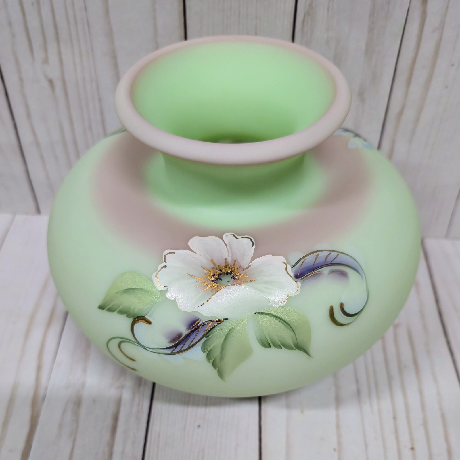 FENTON J.K. Spindler Connoisseur Lotus Mist Hibiscus Vase Hand-Painted 320/1950