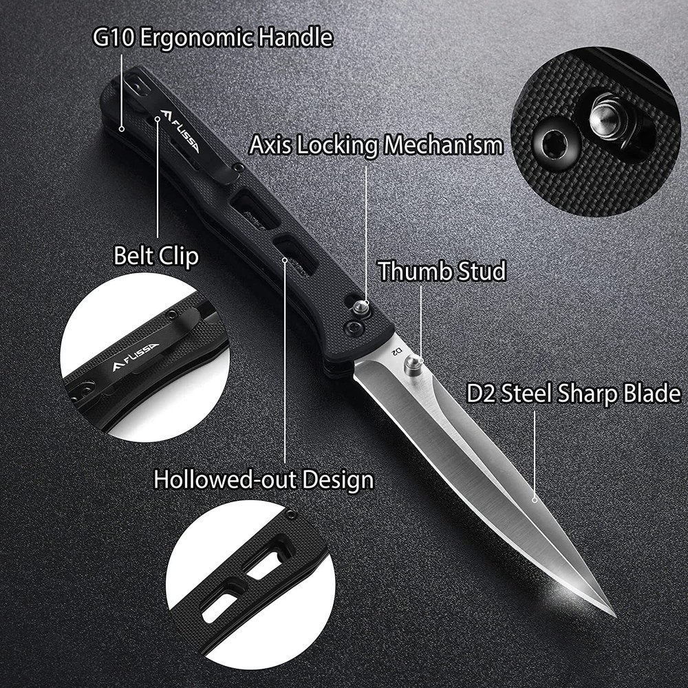 FLISSA 4" Folding Pocket Knife D2 Blade Thumb Stud Axis Lock with G10 Handle